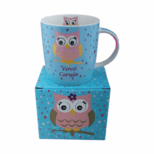 Caneca Porcelana Vó Coruja Chuva Corações Azul Perolizado + Caixa